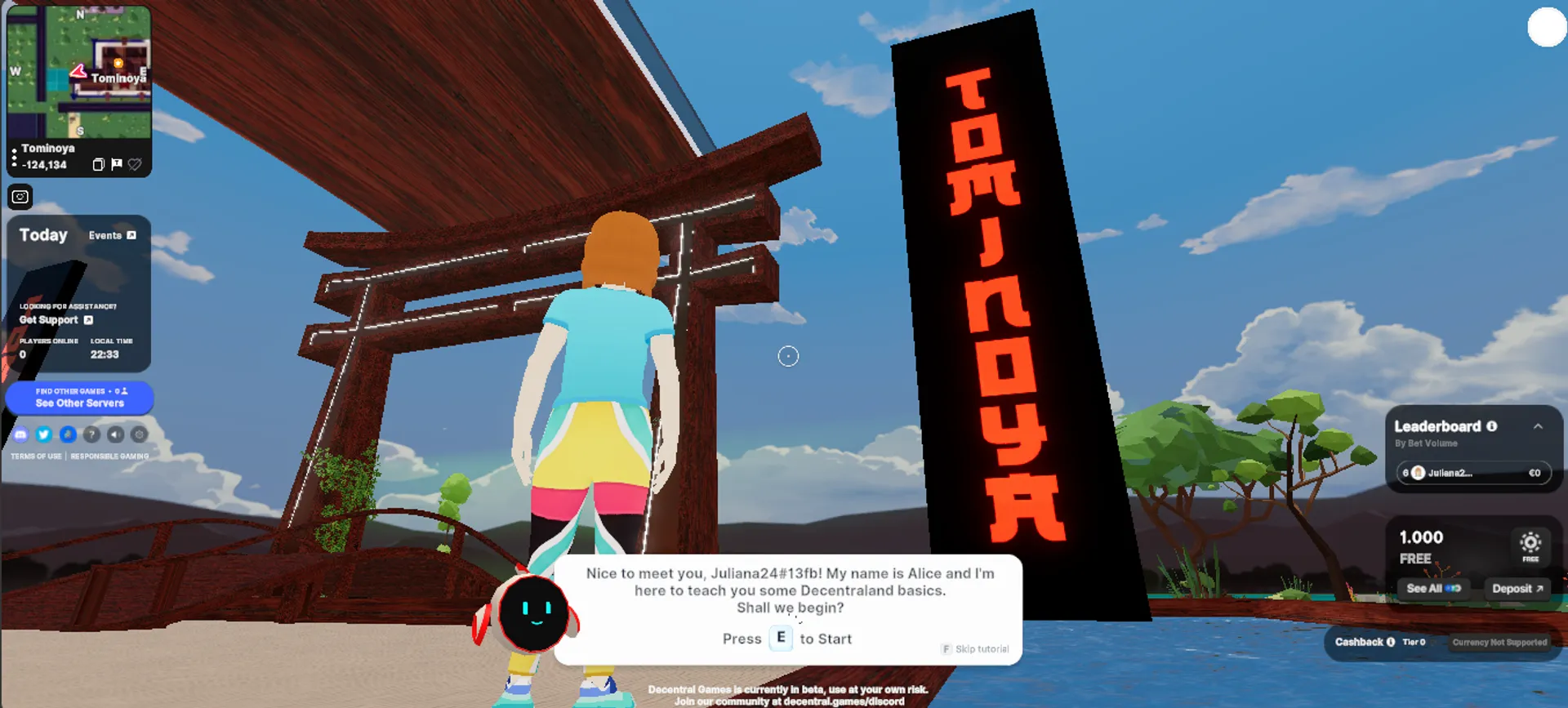 Para jugar, debes dirigirte al casino Tominoya en Decentral Games
